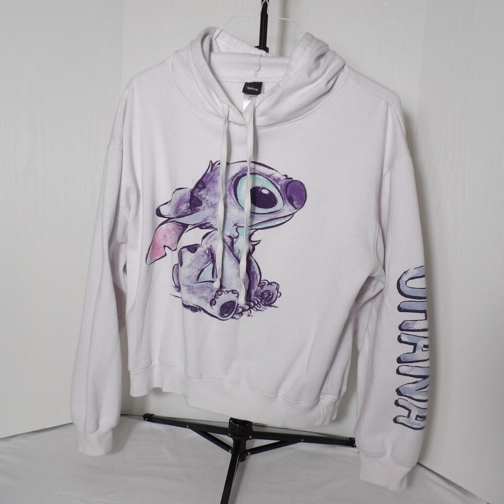 Disney Lilo & Stitch Ohana Hoodie Women’s Small White Purple Graphic Sweatshirt